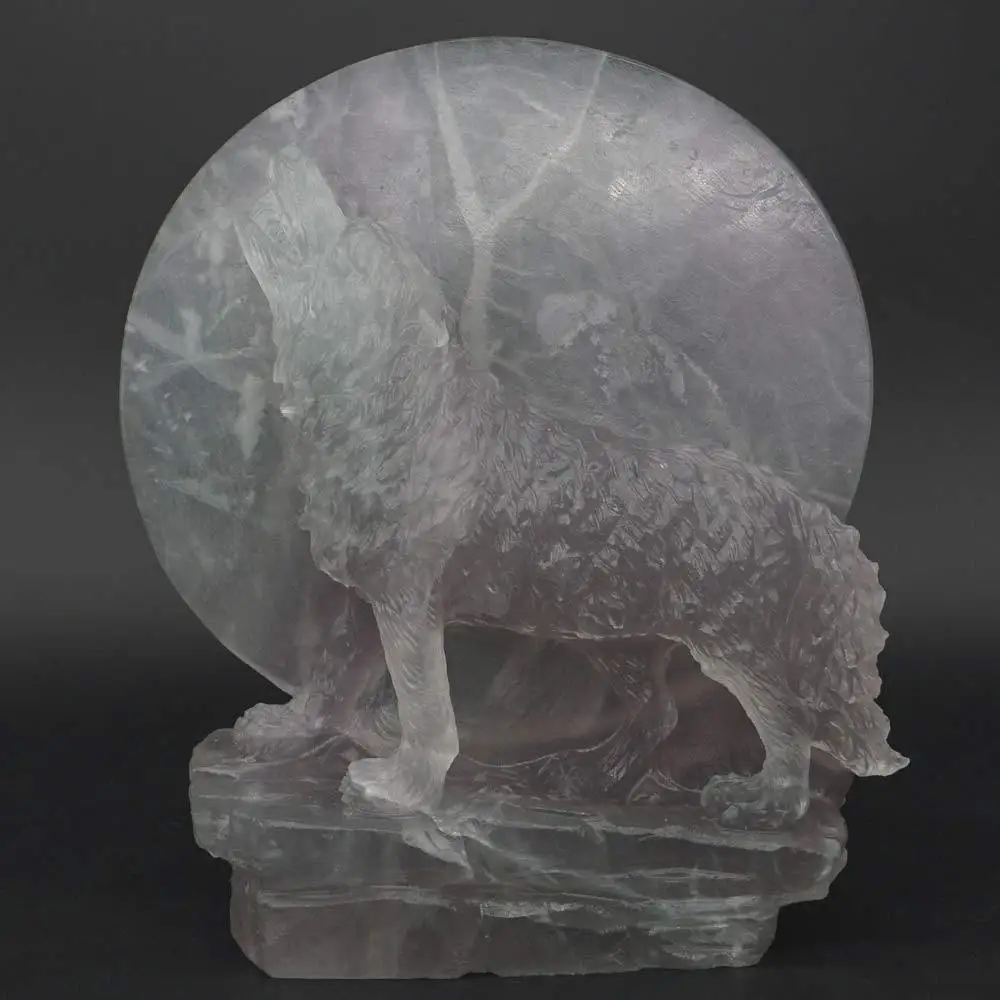 Wolf Statue Under The Moon Natural Gems Fluorite Carved Crystal Healig Decor 6