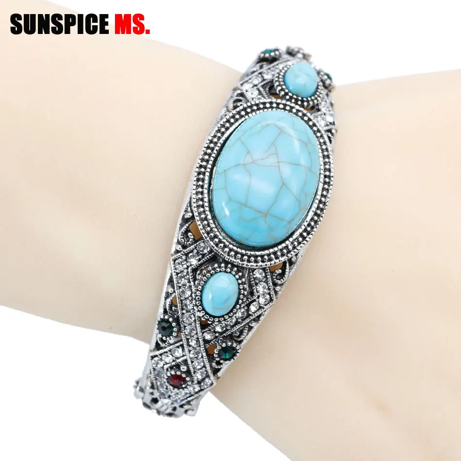 Sunspice Ms Vintage Bohemen Natuursteen Bangle Armband Voor Vrouwen Antiek Zilver Kleur Traditionele Gift Kaukasisch Manchet Sieraden