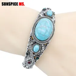 SUNSPICE MS Vintage Bohemia Natural Stone Bangle Bracelet For Women Antique Silver Color Traditional Gift Caucasian Cuff Jewelry