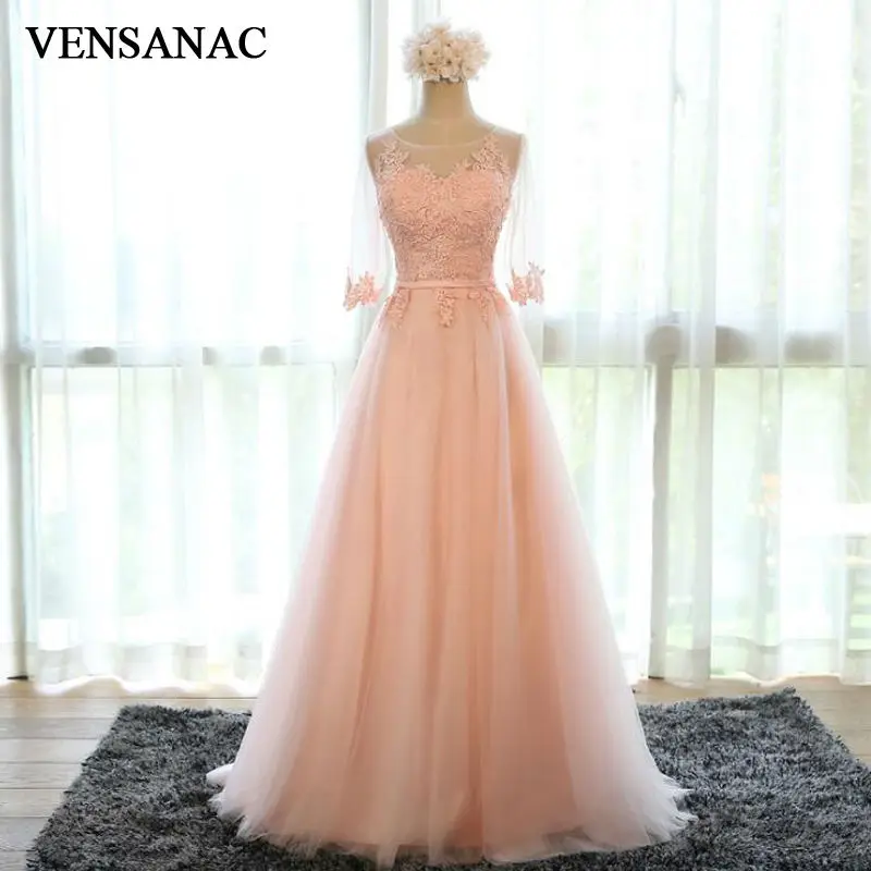 

VENSANAC 2017 New A Line Embroidery O Neck Long Evening Dresses Elegant Half Sleeve Sash Lace Appliques Party Prom Gowns