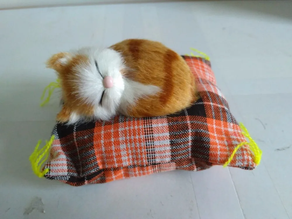 simulation cat model about 11x10x6cm plastic&furs yellow sleeping cat with mat handicraft prop home decoration gift p0157