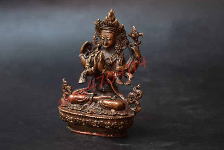 Pure Copper, Tibetan Buddhism, Nepal Four-arm Guanyin Small Ornaments, Antiques Decorations Collections