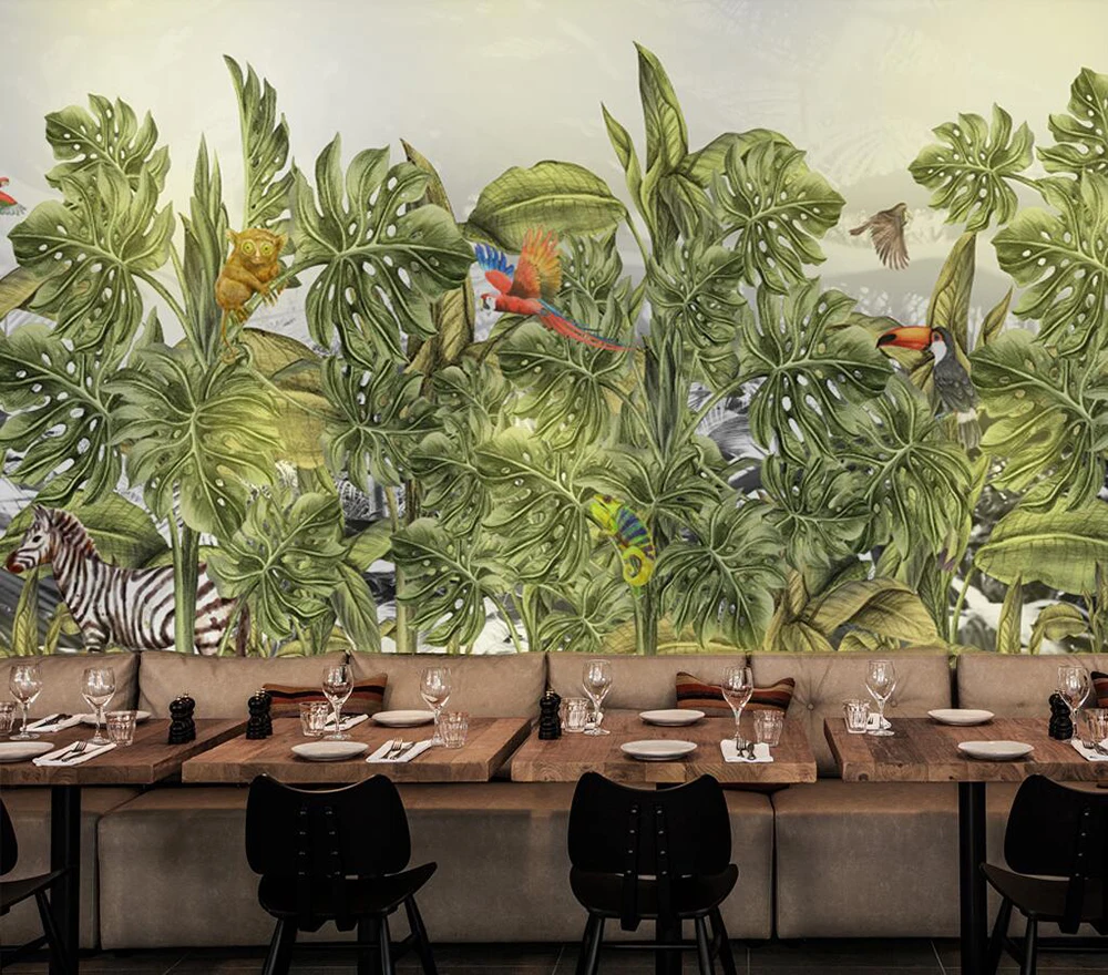 Custom wallpaper Hand-painted tropical forest plant background wall
