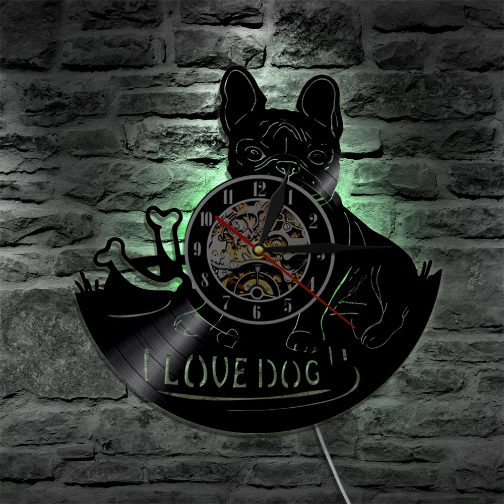 I Love Dog LED Backlight Vinyl Record Wall Clock French Bulldog Modern Wall Watch Pet Puppy Animal Decorative Lighting