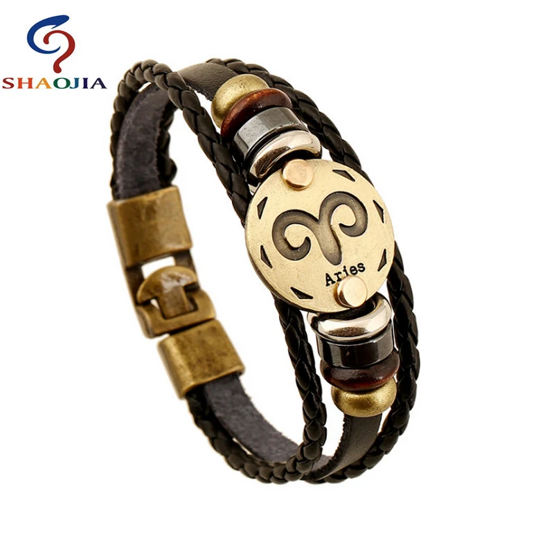 12 Constellations Bracelets Men Leather Charm Aries Bracelet Men Casual Personality Vintage Punk Bracelets & Bangles