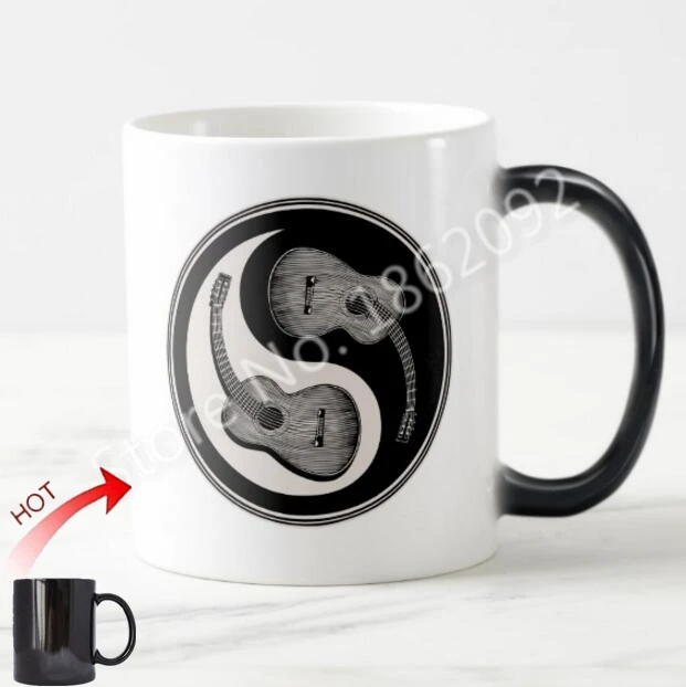 Funny Yin Yang Guitar Coffee Mug Tea Cup Novelty Music Guitar Magic Cups Creative Color Change Ceramic Musician Instrument Gifts