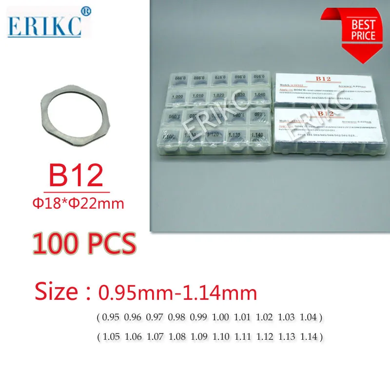 

100PCS ERIKC B12 Fuel Injector Repair Shim for Injector Injection Lift Washer Size: 0.95mm--1.14mm for 0445120 Series Injectors