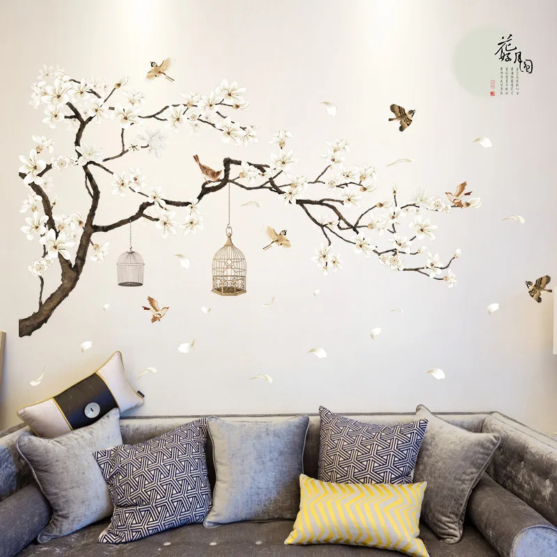 Chinese Ancient Style Flower Moon Wall Stickers For Living Room Sofa/TV Background Decoration Decals