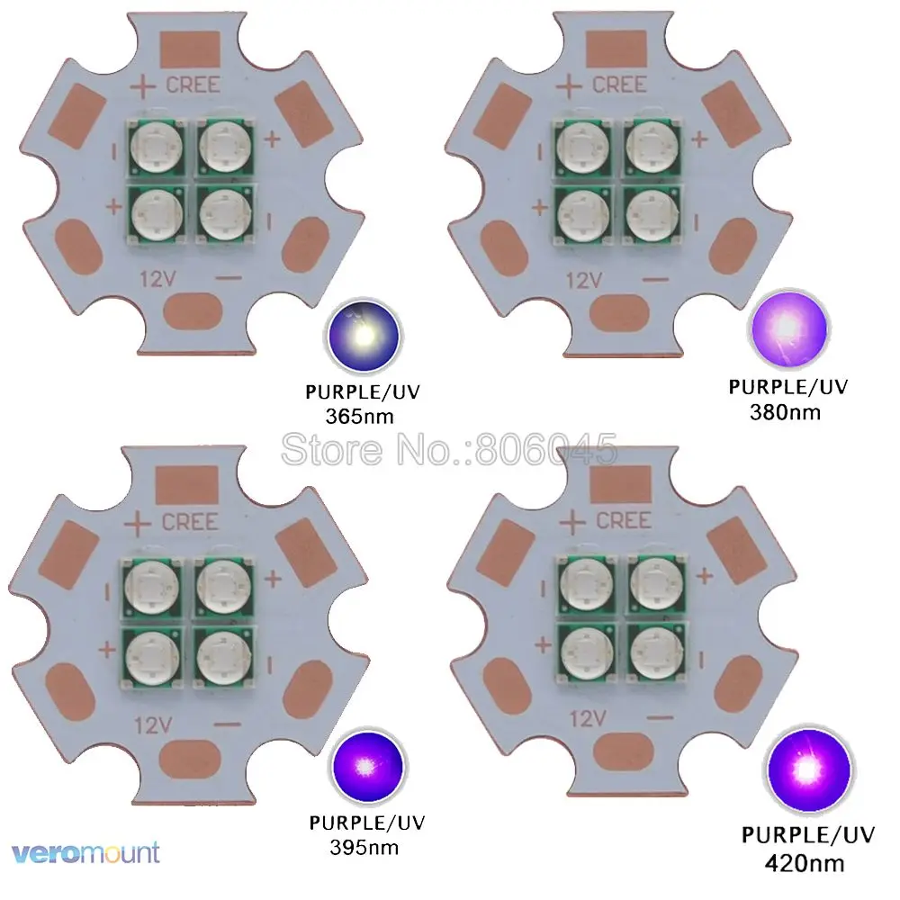 

2pcs 7V / 14V Epileds 3535 4Chips 4LEDs 12W High Power LED Emitter UV / Ultraviolet 365nm 380nm 395nm 420nm with 20mm Copper PCB