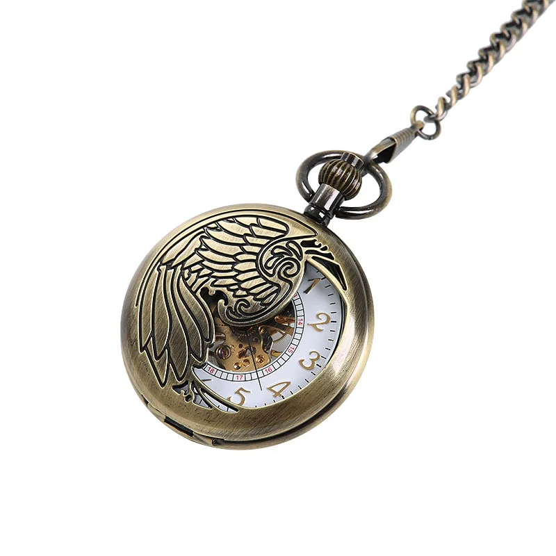 Large hollow out exquisite eagle totem pocket watch white hollow out gold digital mechanical pocket watch