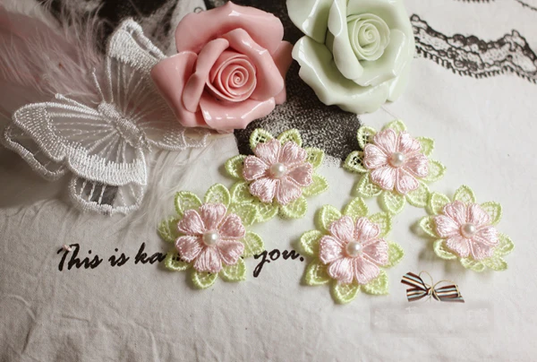 

30pcs 3.5cm 1.37" wide green pink beads mesh embroidery lace appliques patches L14M45