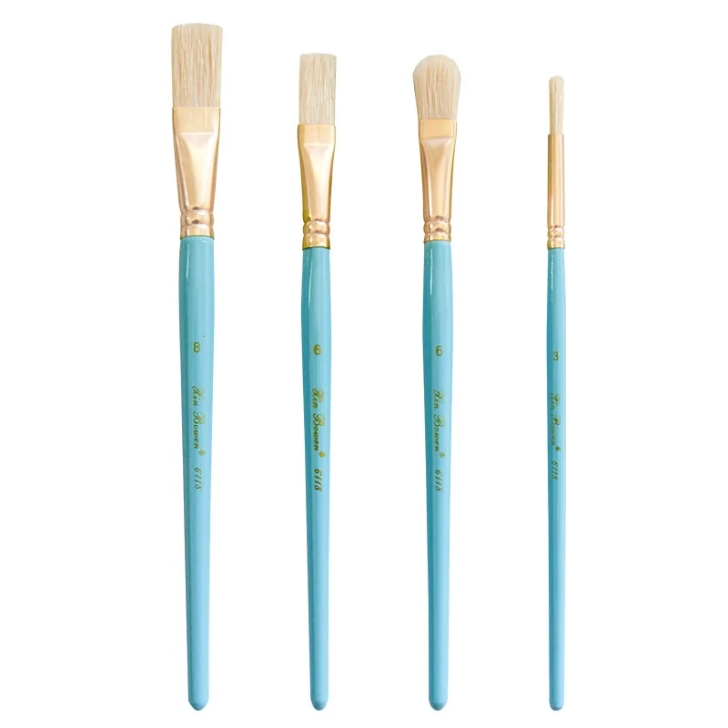 sky blue wood rod pig bristle oil brush gold-plated aluminum tube 4 pcs mixed head hard hair brush set art paint brushes