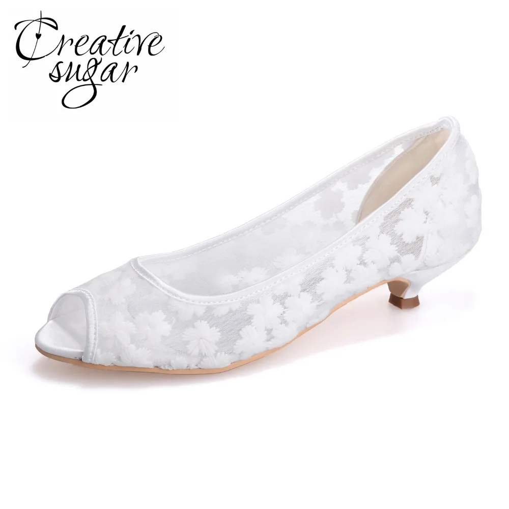 Creativesugar Perspective see through mesh lace open toe shoes wedding party prom cocktail low heel mother heels white pink blue