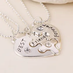 Xmas Gift BFF Statement Necklace 3 pcs Best Friends Forever Silver Color Necklaces Collar Friendship Heart Charm Pendant Gift