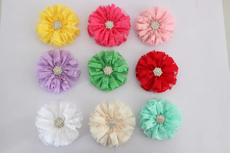 Vintage Lace flower rhinestone Center hair flower ,For Kids girl 18 colors 50pcs