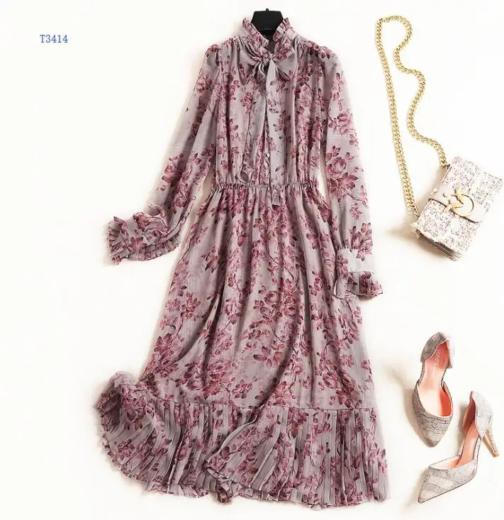 

Spring floral chiffon 2019 new temperament commuter high waist tie in the long section of Europe and America A word dressT3414