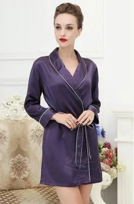 

100% mulberry silk pajamas heavy silk women robe plain household to take Deep purple large size M - XXXL