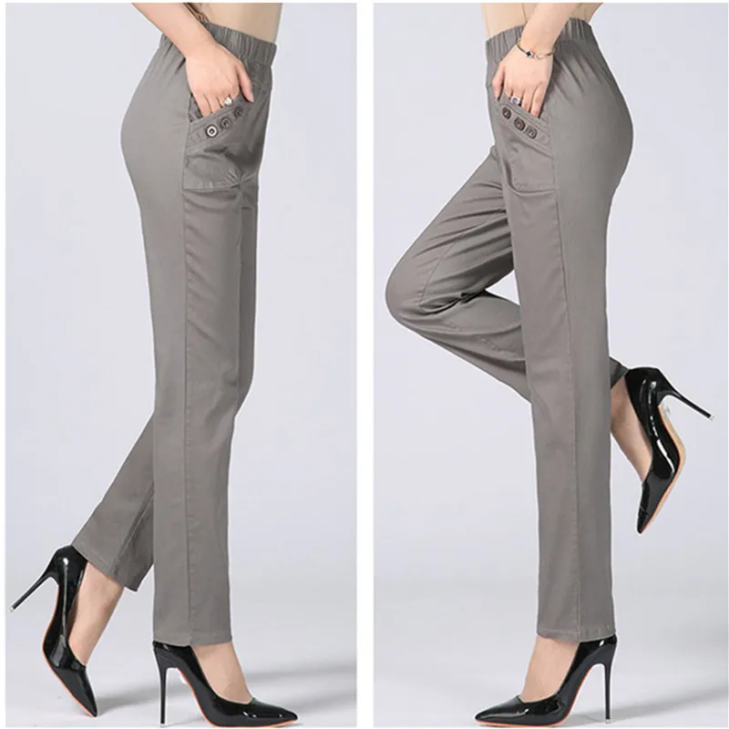 White Women\'s Trousers 5XL Spring Summer Autumn Female Stretch Waist Cotton Straight pants Middle aged lady Solid Casual Pants