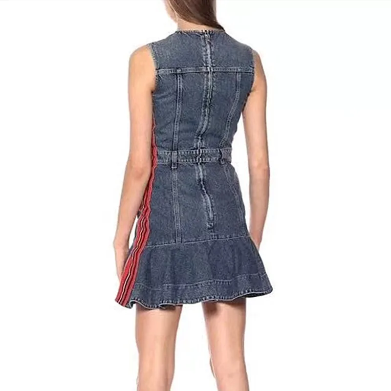 Ruffles Blue Belt Denim Dress 2019 Summer Women Sexy Sleeveless Jeans Short Club Dress Weave Striped Zipper Pocket Mini Dress