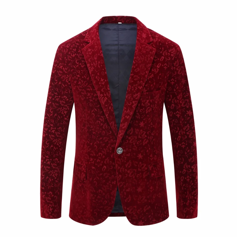 

2019 Men Autumn Winter Wine Red Burgundy Velvet Floral Pattern Suit Jacket Slim Fit Blazer Designs Stage Costumes For Singers