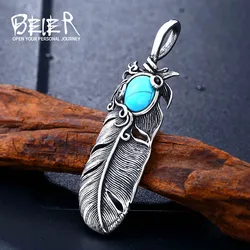 Beier 316L Stainless Steel Pendant Necklace Japan Popular Feather Pendant With Natural Oval Opal Green Stone Jewelry LLBP8-283P