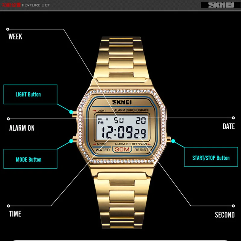 Skmei-relógio de pulso digital feminino, com alarme, à prova d\'água, 30m, com visor semanal, feminino, 2019