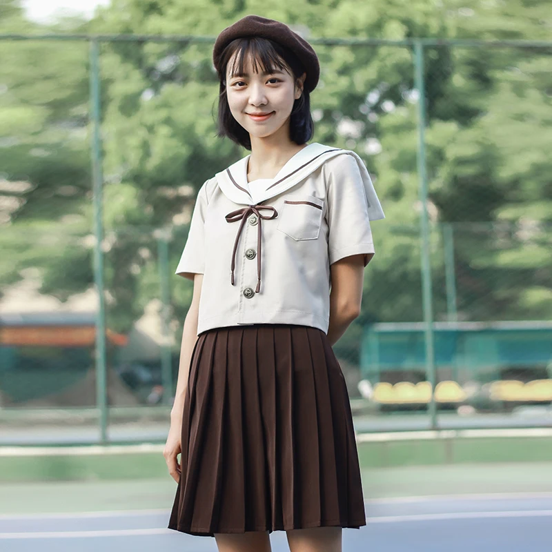 Estilo Japonês Uniformes Escolares Para O Sexo Feminino Sailor Suit Casual Bonito Meninas Estudantes JK Uniformes Ternos Tops + Brown Saias Plissadas