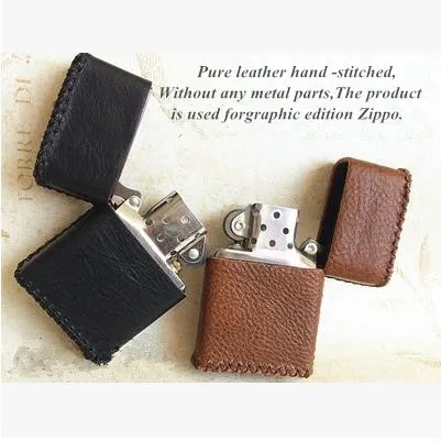 Pure leather hand - stitched Cigarette Lighter Holder Bag for flat Zippo Lighter Case Lighters leather sheath   no lighter