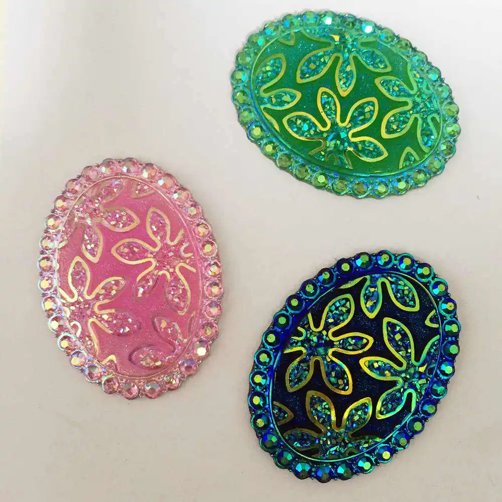 NEW DIY 4PCS 30mm*40mm AB Resin Oval Flatback Rhinestone Flower Wedding Buttons K31