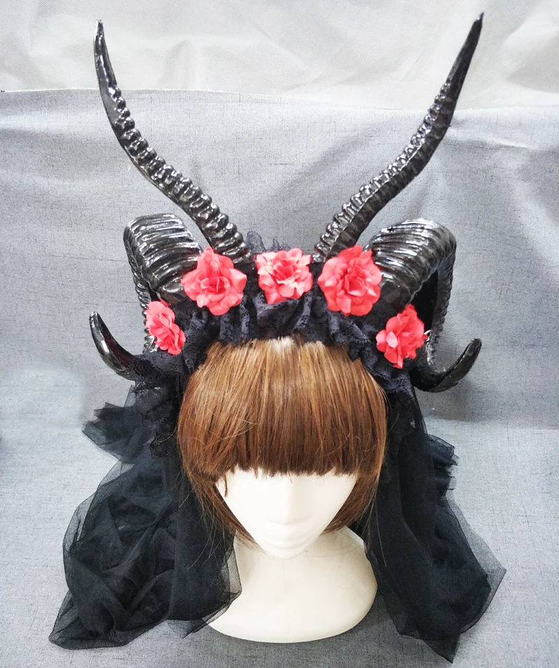 Women Halloween Elf Devil Horn Headband girl's party hairbands Steampunk Antler Headpiece with Flowers Gothic Hair Accessories