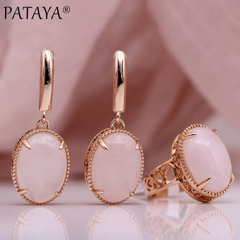 PATAYA New Moonstone Natural Stone Sets Women Wedding Hollow Fine Fashion Jewelry Set 585 Rose Gold Color Long Earrings Rings