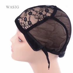 Bonnet de perruque noir avec côtés en velours pour perruques exécutives avec sangle réglable, casquettes sans colle, bonnet de tissage, bonnets en filet de dentelle à fleurs, 1 PC