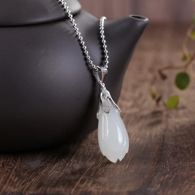 

S925 Silver Female New Hetian Pendant Retro-temperament Orchid Pendant Necklace