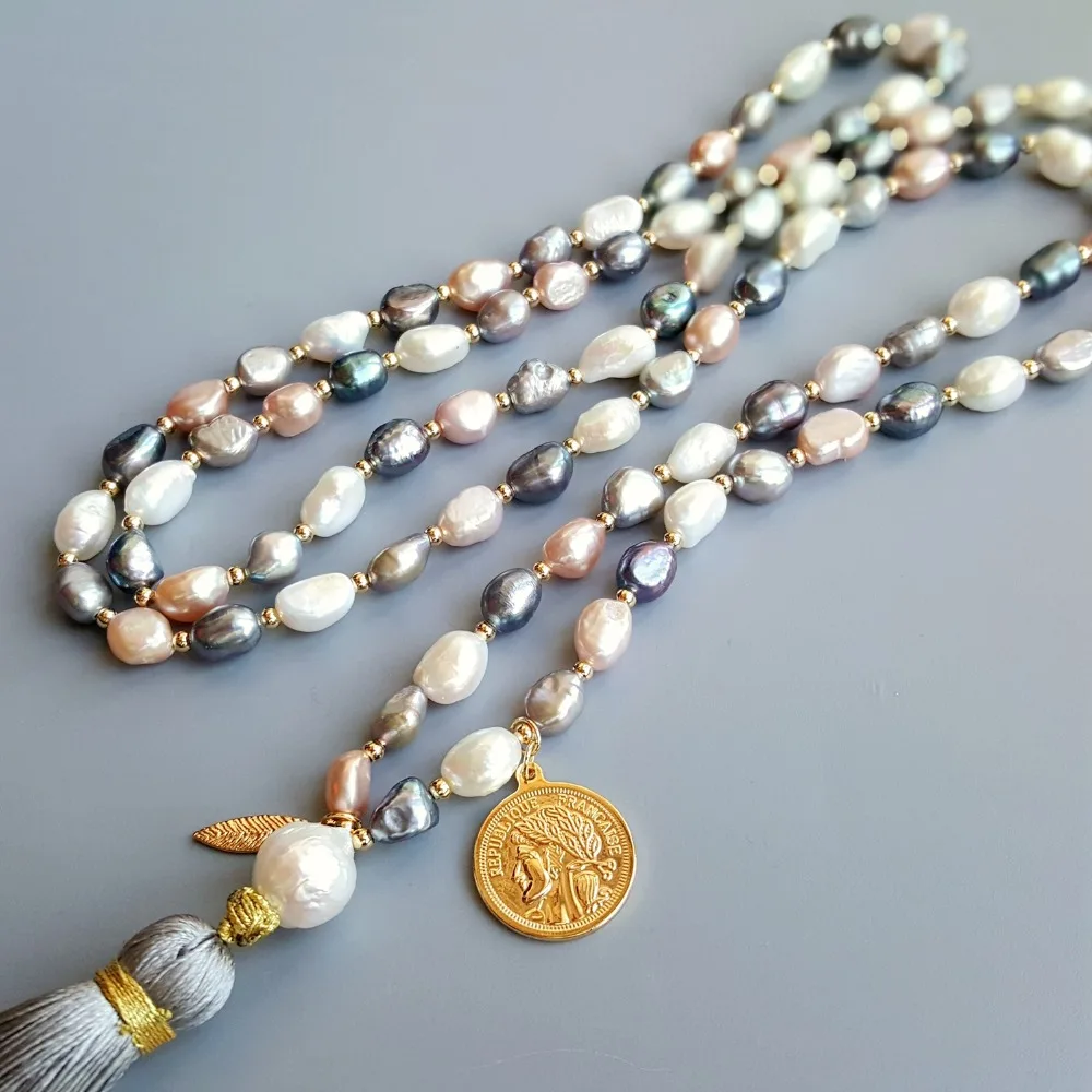 Lii Ji Real Multi Color Freshwater Pearl Beads Necklace Fashion Gold Color Coin Charm with Tassel Bohemia Long Handmade Jewelry