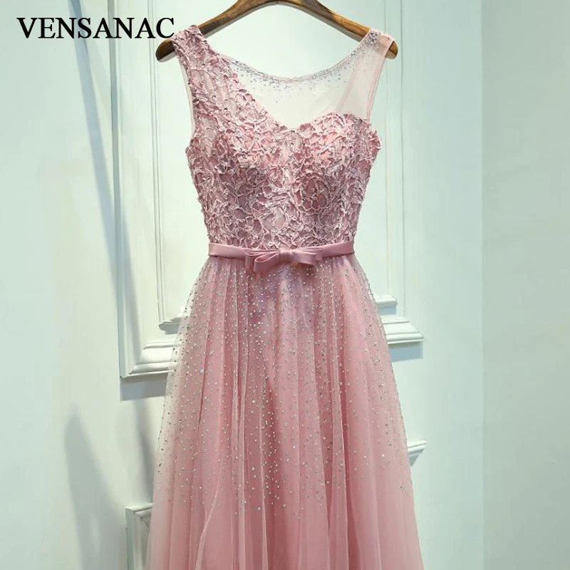 

VENSANAC 2018 Crystal O Neck Bow Sash Pearls A Line Long Evening Dresses Party Lace Embroidery Backless Prom Gowns