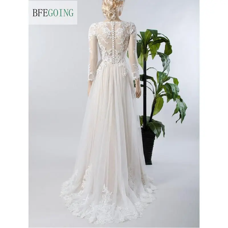 Ivory Lace Tulle Lange Mouwen Floor-Lengte V-hals A-lijn Trouwjurk Hof Trein Custom made