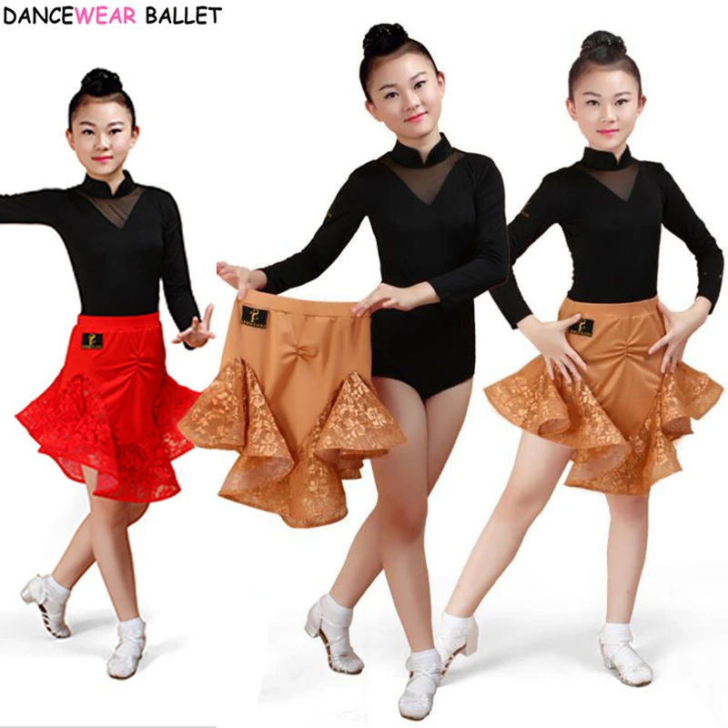 Girls Latin Ballroom Latin Dance Skirt Sumba Rumba Salsa Tango Skirts Kid Child Lace Latin Dance Split Dress With Leotard Skirt