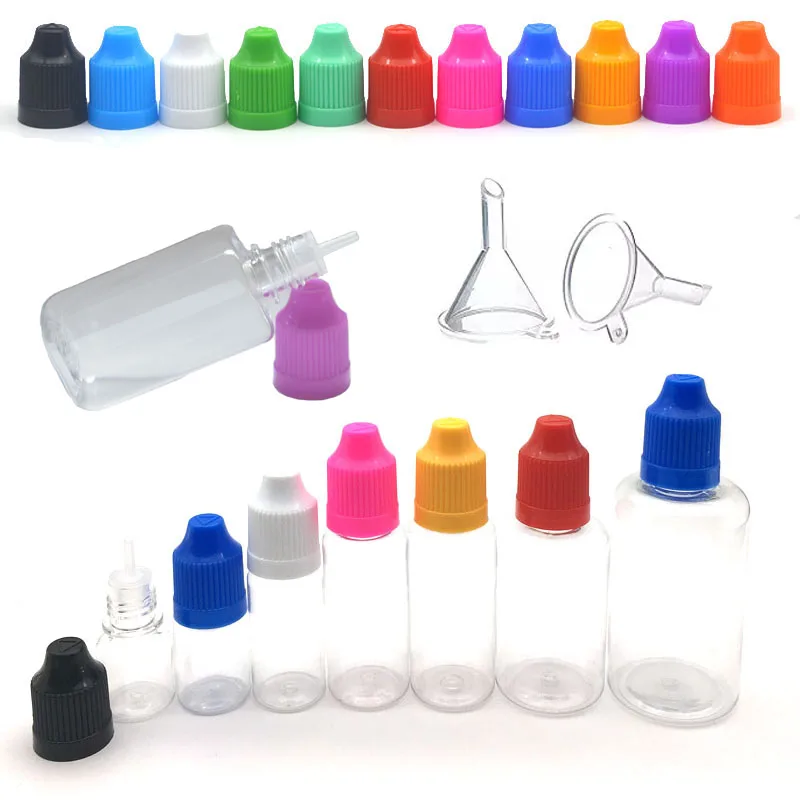 Flacone contagocce vuoto in plastica PET da 50 pezzi 3ML 5ML 10ML Fiala per acqua trasparente per occhi liquidi Tappo a punta lunga con imbuto