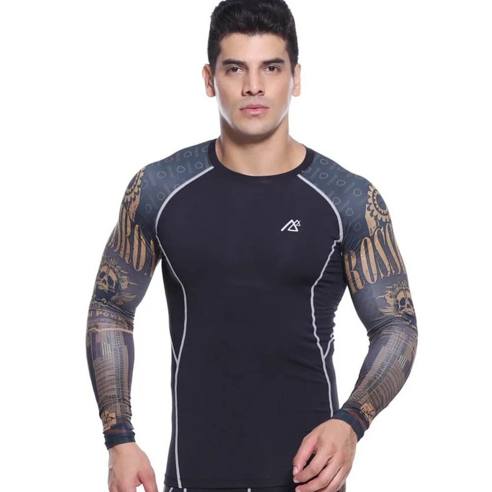 Men`s Gold Skull Double Sleeves Printed Compression Shirt Quick-drying 4-Way Stretch Fitness Bodybuilding Running Shirts