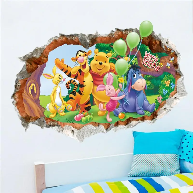 Winnie The Pooh Bear Wall Stickers For Kids Room Home Decoration 3d Broken Hole Cartoon Animals Mural Art Pvc Wall Decals Poster