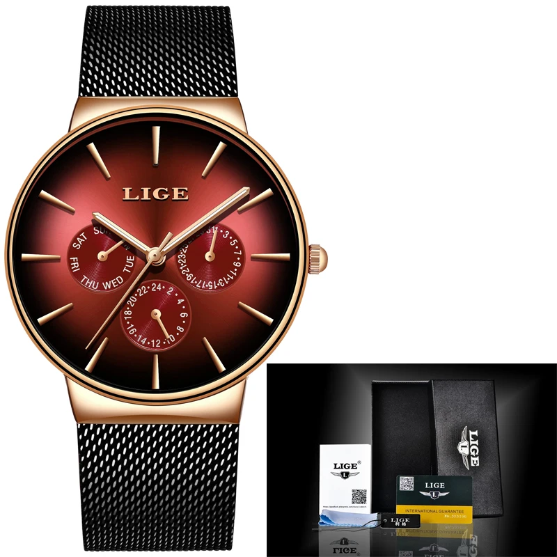 LIGE-Montre à quartz de luxe pour homme, nouvelle mode, marque supérieure, maille en acier, étanche, ultra-mince, montre-bracelet pour homme, horloge de sport