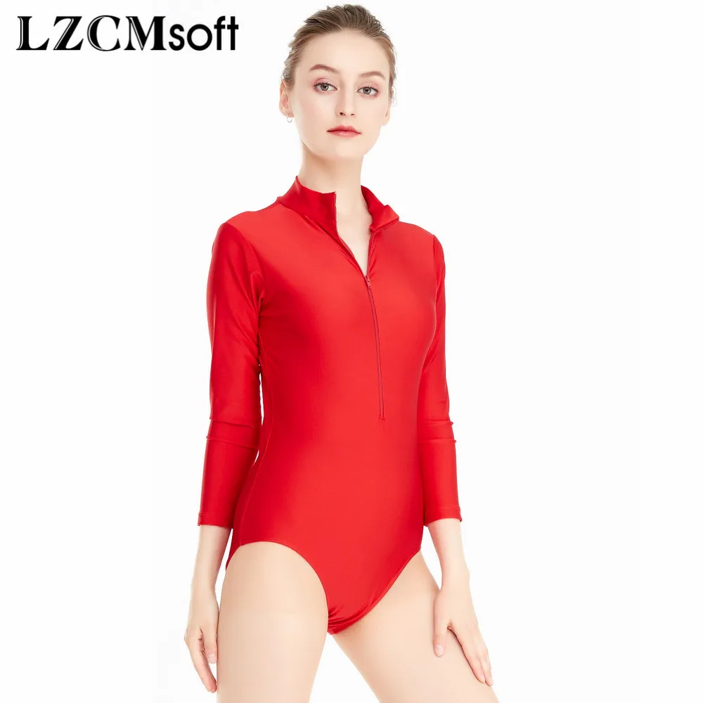 LZCMsoft Women\'s 3/4 Sleeve Front Zip Turtleneck Ballet Dance Leotards Spandex Nylon Gymnastics Leotards Girls Stage Costume