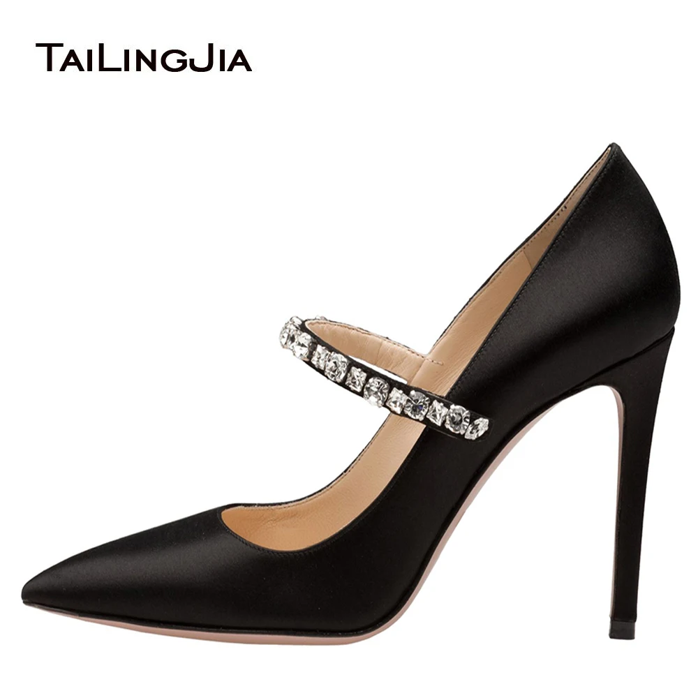 Elegant Pointed Toe High Heel Black Satin Mary Janes Pumps with Crystals Women Evening Dress Heels Ladies Shoes Stilettos 2021