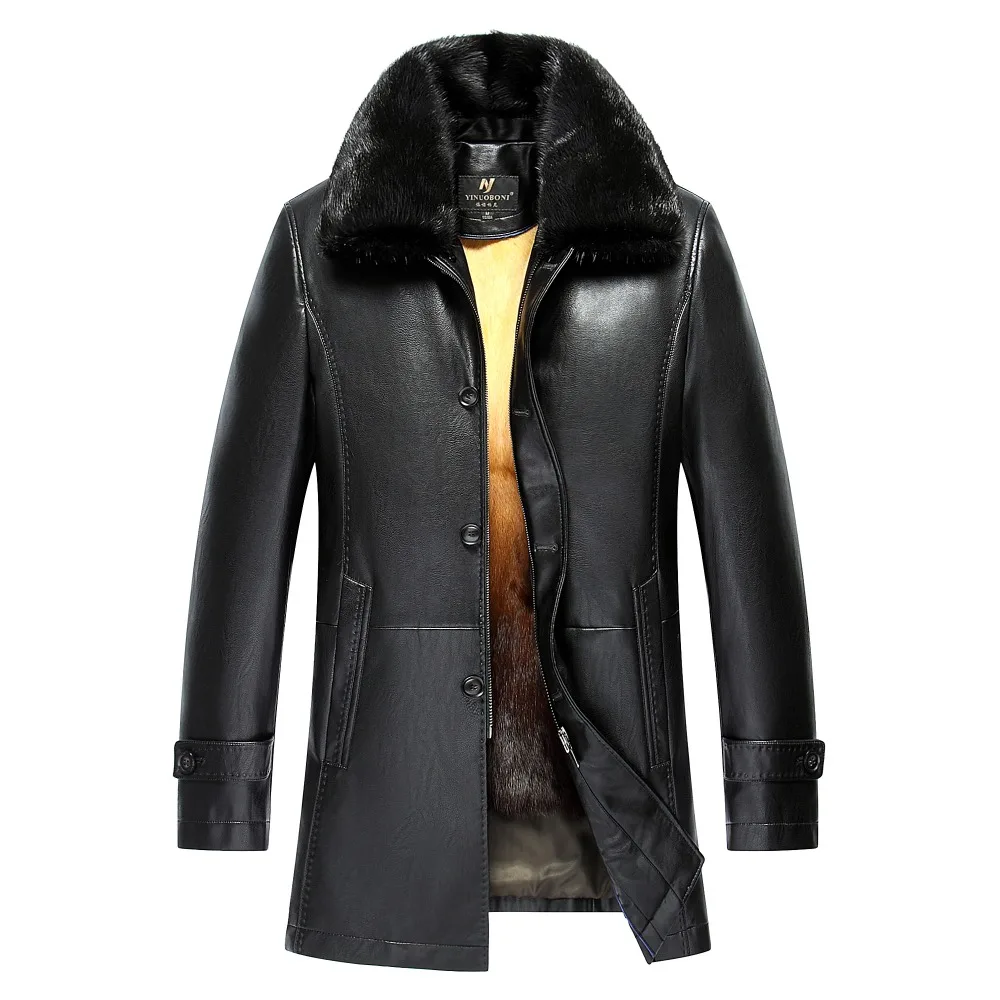 Winter Thicken PU Leather Coat Men Long Section Casual turn-down Collar Leather Coat Warm Jacket Coat