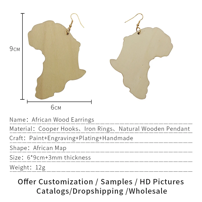 SOMESOOR Engraved African Map Retro Unfinished Wood Drop Earrings Black Queen Afrocentric Ethnic Pendant Jewelry Lady Gift 1pair