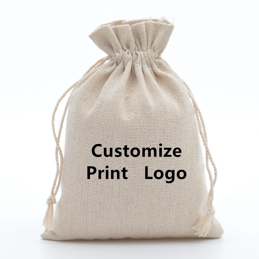 Customized logo Cotton Drawstring Sack Bags Wedding Bomboniera Christmas Gift Packaging Bags for DIY Craft  for printing fee