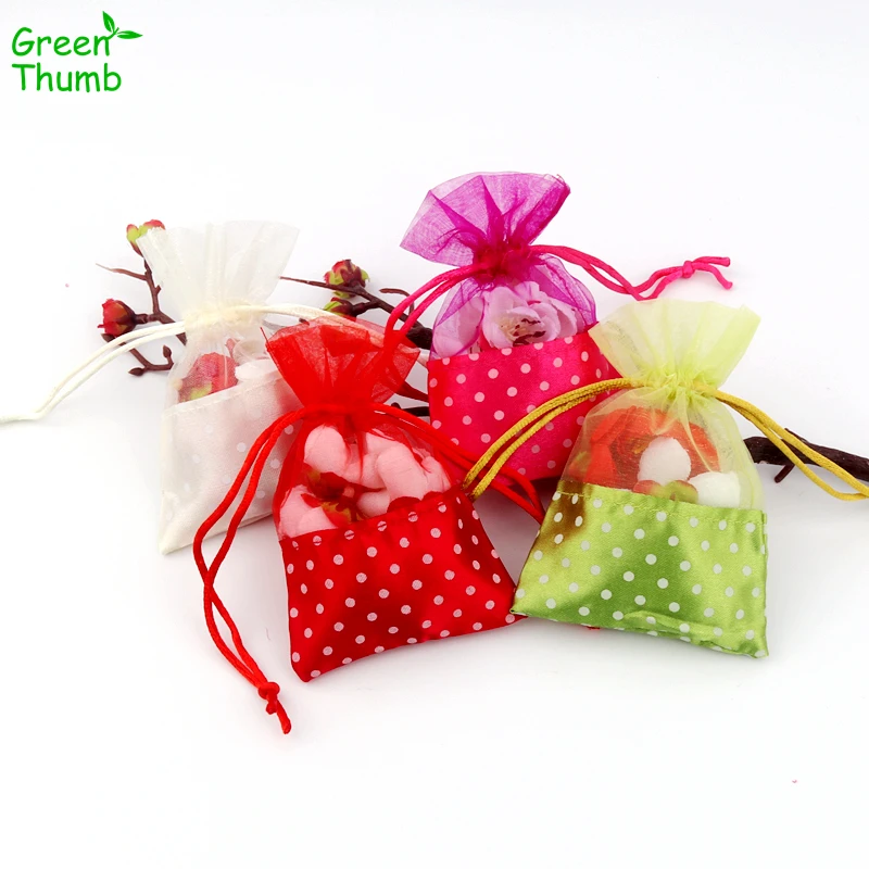 60pcs Green Thumb Splice Pearl Yarn Bag 11*7.5cm Brocade Satin Candy Bag High Quality Festival New Year Gift Packaging Bag