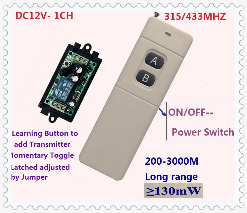 3000m Long Range Remote Control Switch DC 12V 1 CH 10A Relay Receiver Transmitter Learning Light Lamp Wireless Switch 315/433MHZ