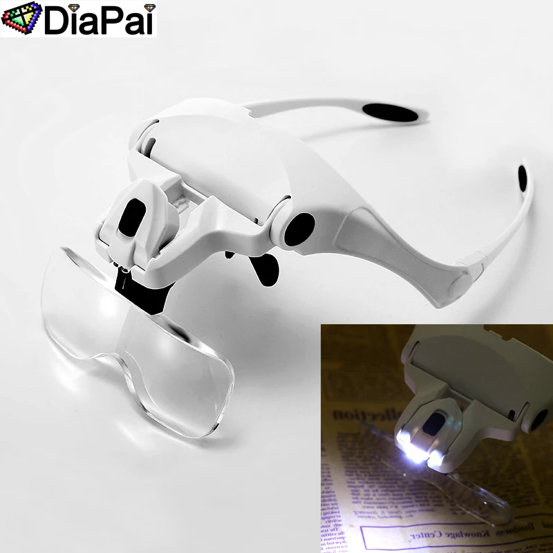 DIAPAI diamentowe malowanie haft 1.0X 1.5X 2.0X 2.5X 3.5X regulowana lupa z 5 obiektywami LED Light opaska na głowę lupa ze szkłem z lampą
