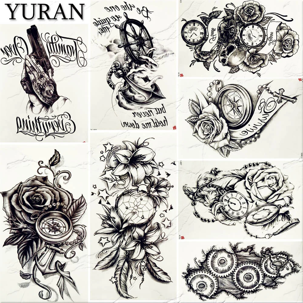 

Retro Style Punk Sexy Women Big Tattoo Sticker Black Fake Pirate Anchor DreamCatcher Tattoos Temporary Flower Arm Tatoos Compass